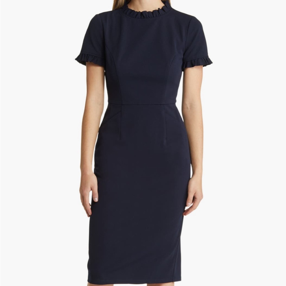 Maggy London Ruffle Sheath Dress sz6 Navy